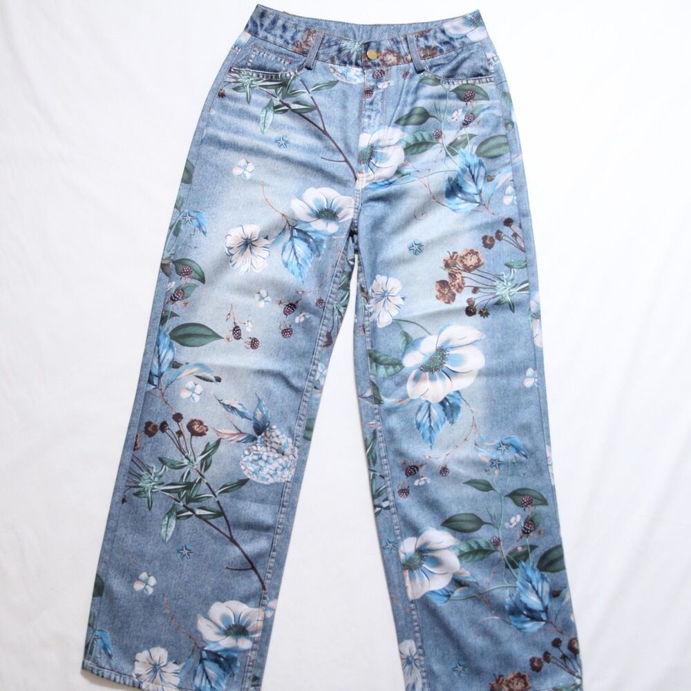 Women's Blue Floral Wide leg Polyester Jeans Size M High Waisted 5-Pocket